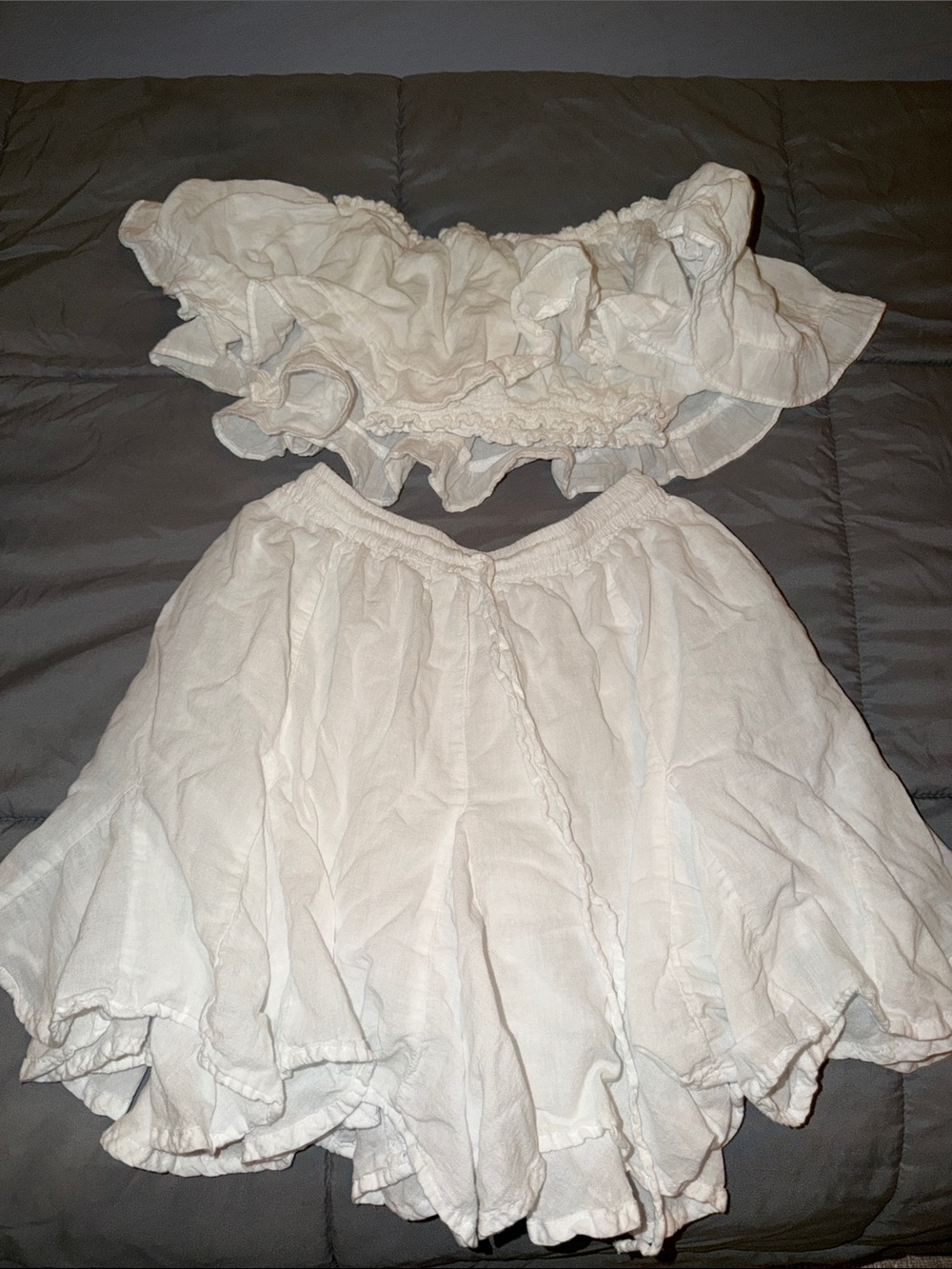 White Two-Piece Ruffled Crop Top and Skirt Set